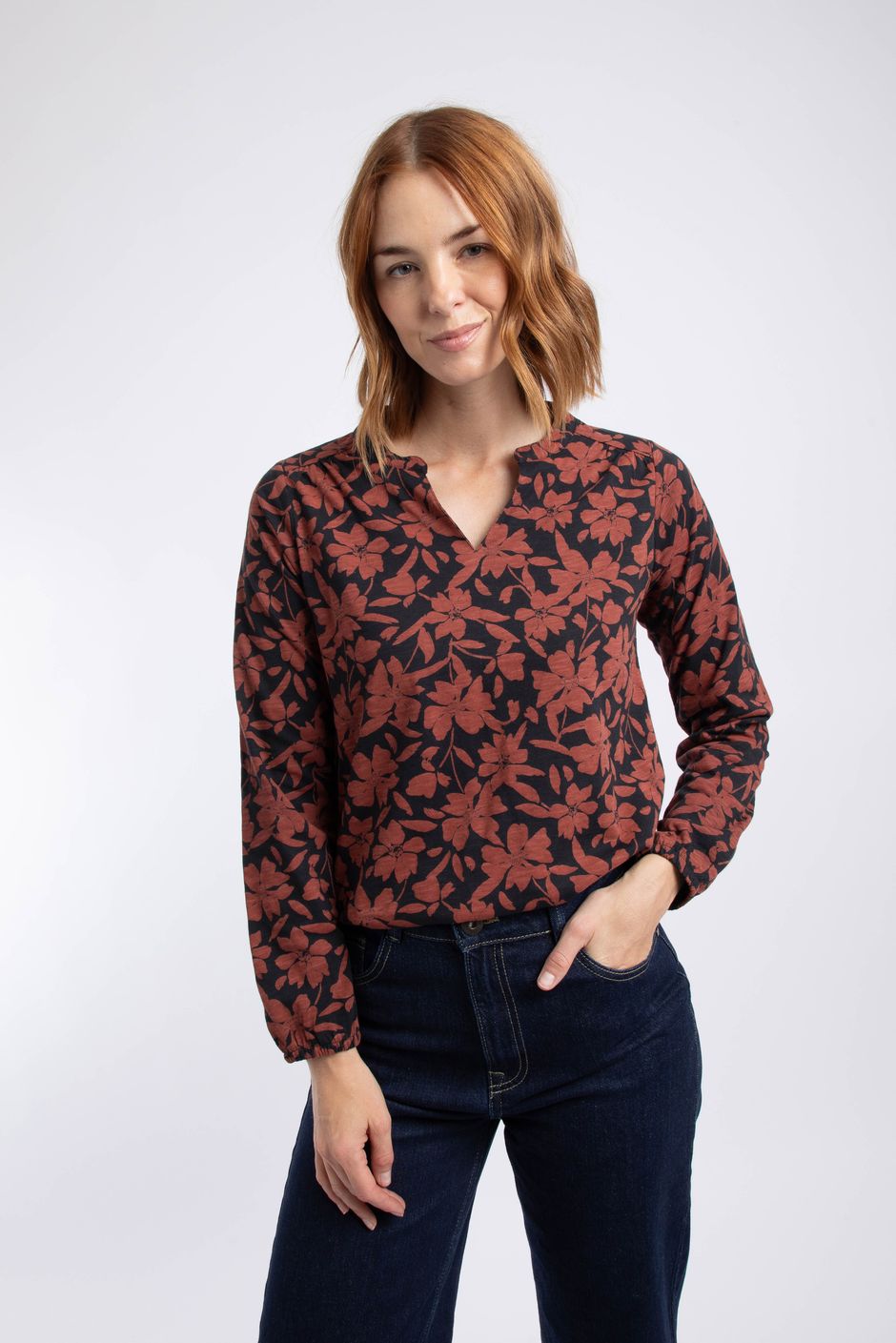 Brooke Printed V Neck Jersey Top Conker