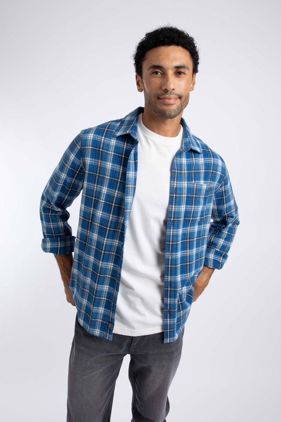 Broxton Long Sleeve Herringbone Check Shirt Royal Blue