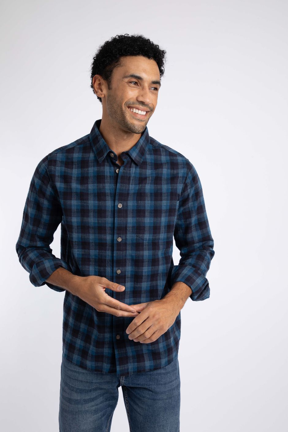 Sode Long Sleeve Check Shirt Navy Blue