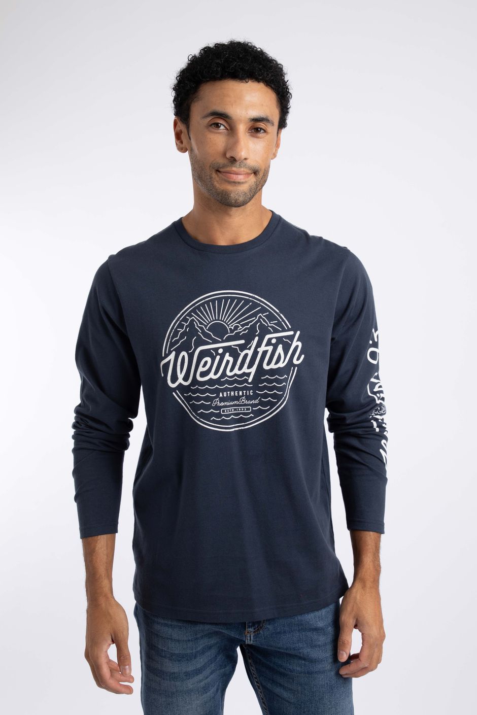 Mountains and Seas Front Print Long Sleeve T-Shirt Navy
