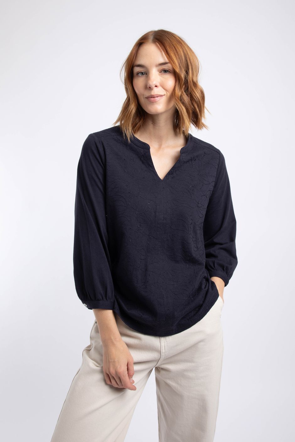 Mabel Broidery 3/4 Sleeve Top Midnight