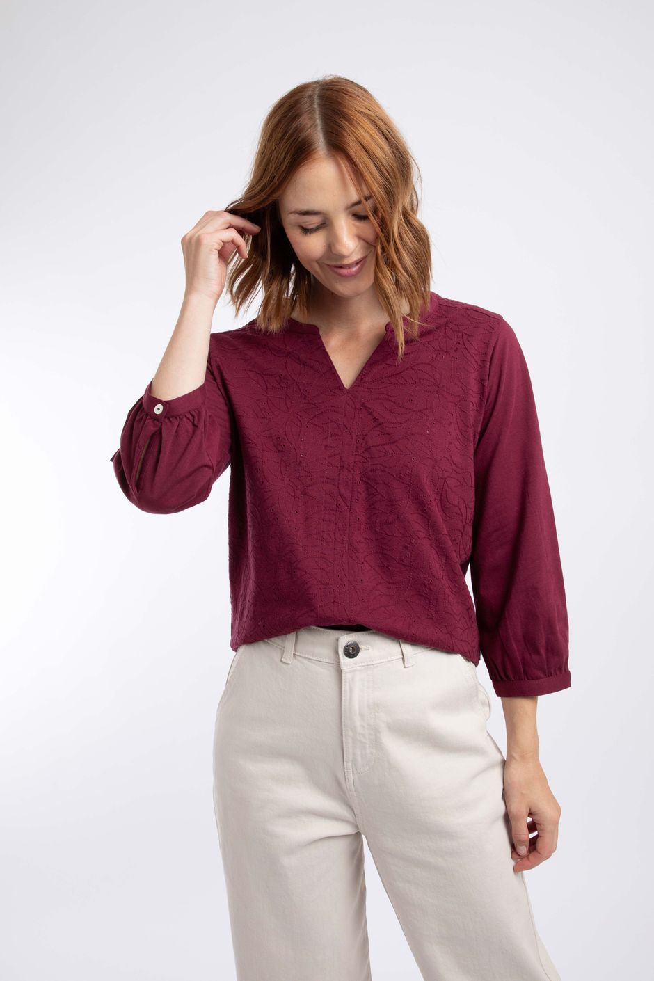 Mabel Broidery 3/4 Sleeve Top Red Grape