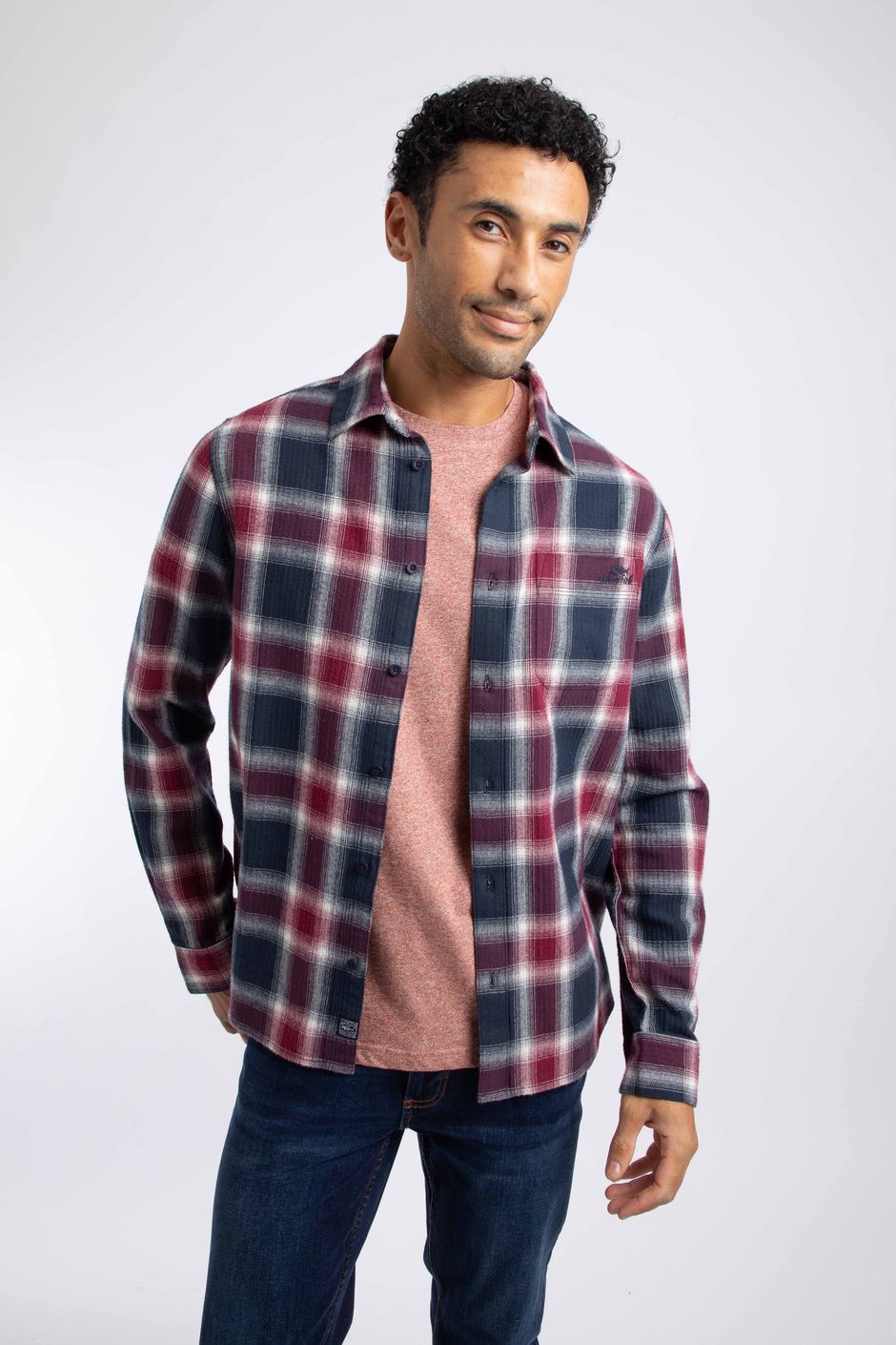 Broxton Long Sleeve Herringbone Check Shirt Navy