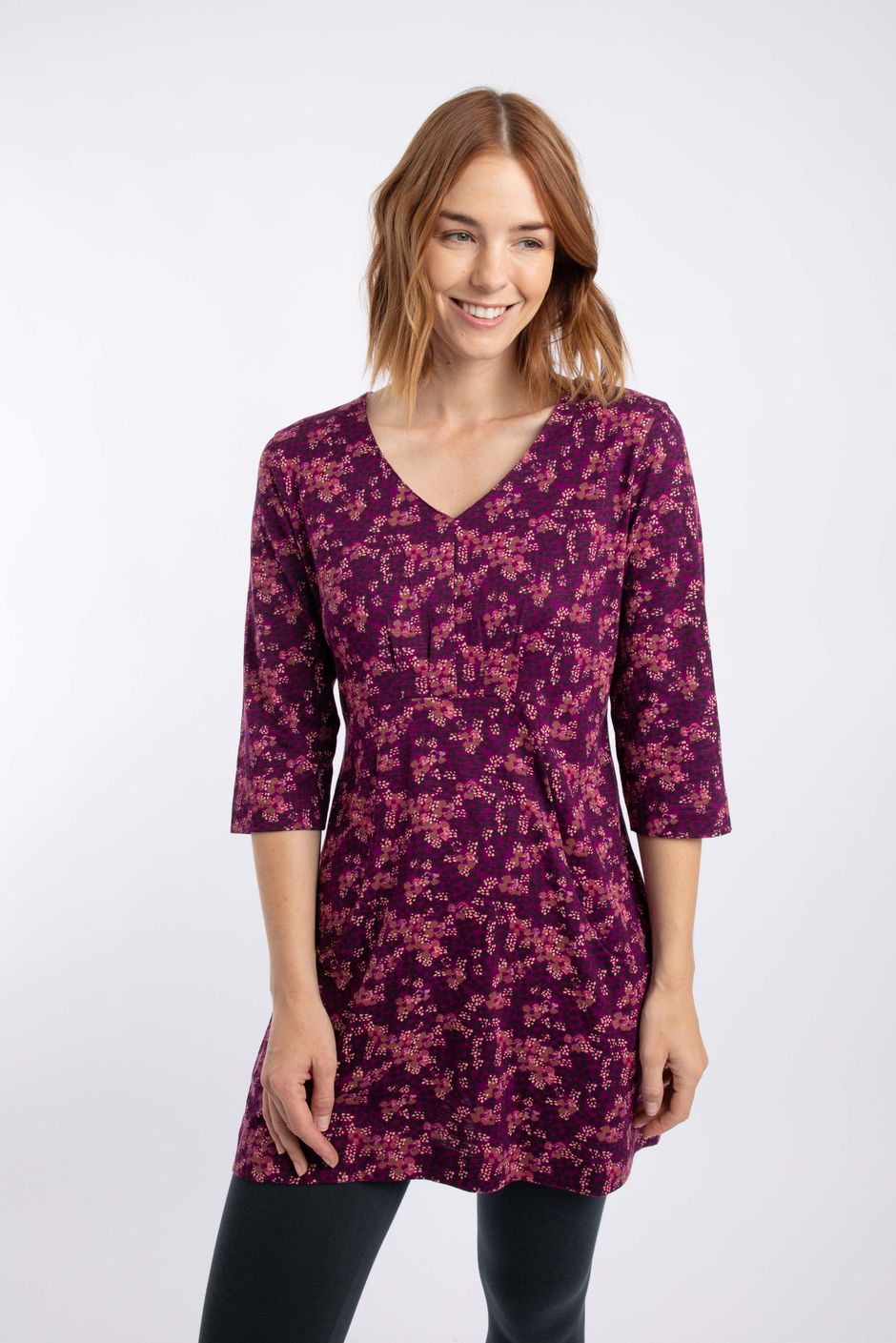 Arielle Printed Jersey 3/4 Sleeve Tunic Purple Wine