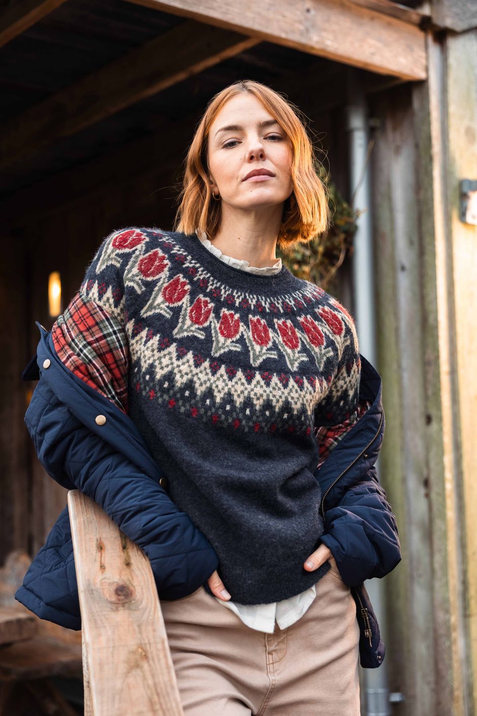 Tulips Floral Fair Isle Jumper Navy