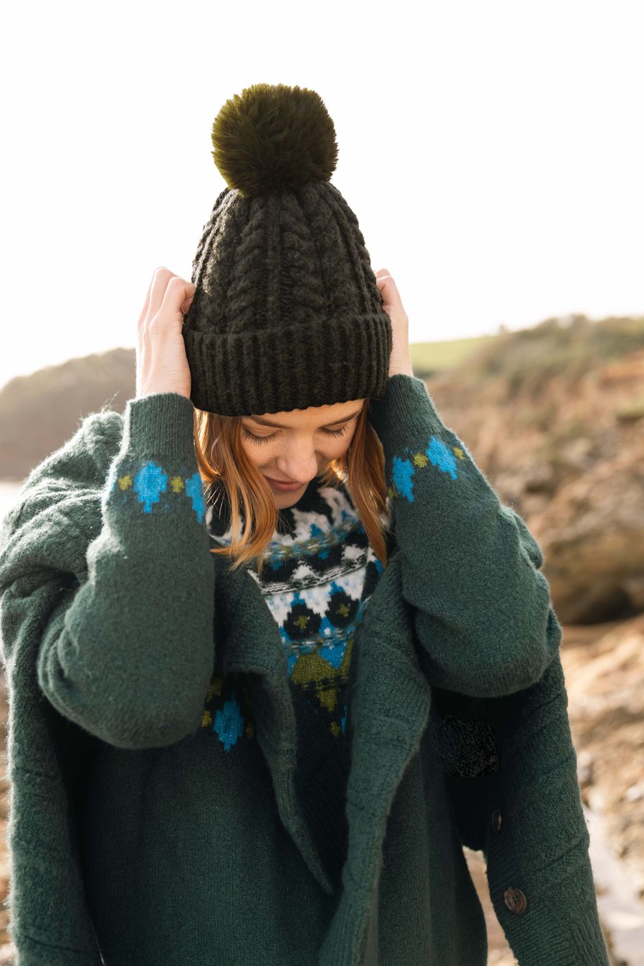 Allerton Cable Knit Bobble Hat Deep Lichen Green