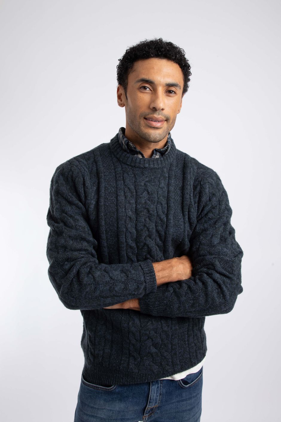Alford Cable Knit Crew Neck Jumper Petrol Blue