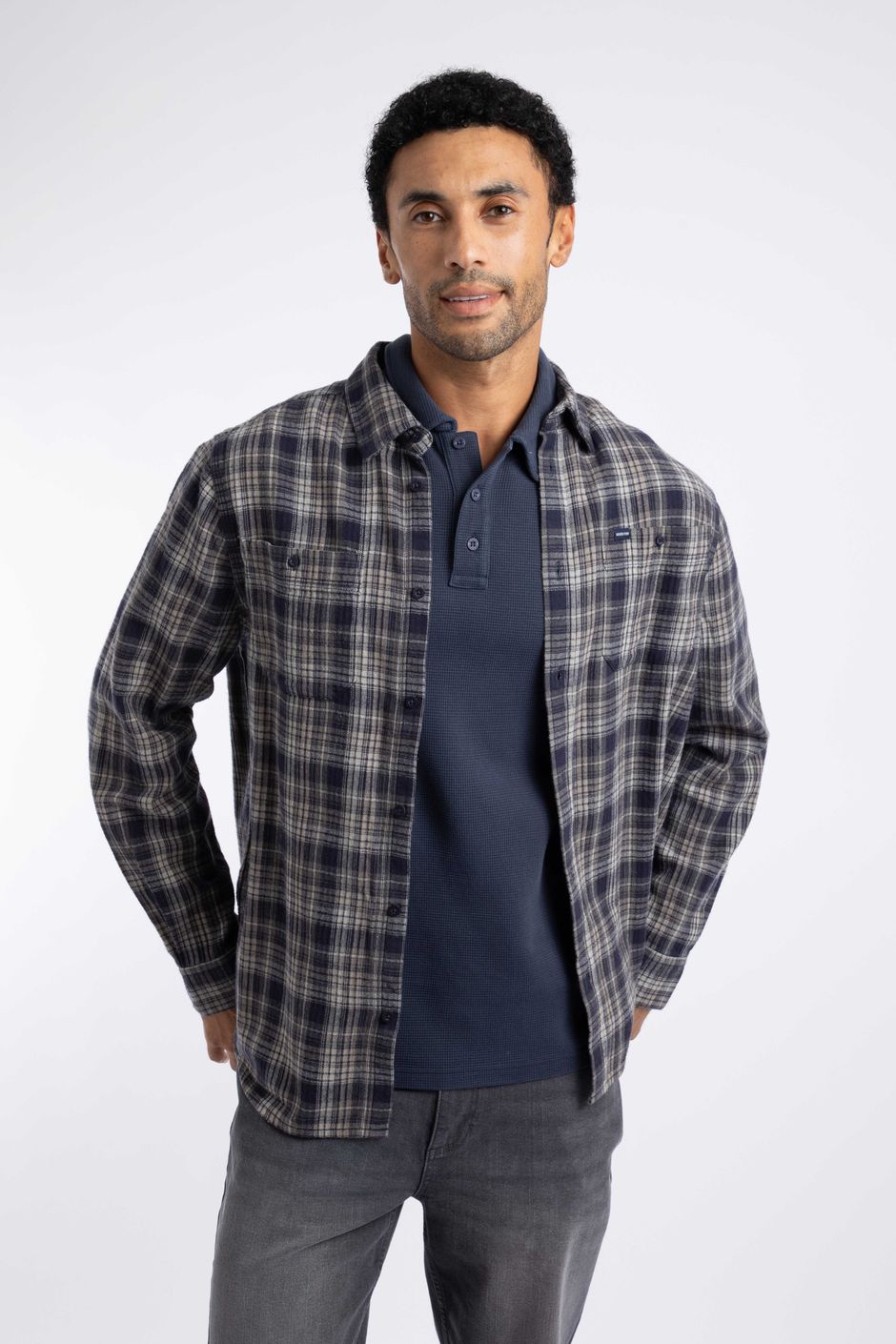 Arden Herringbone Check Shirt Dark Blue