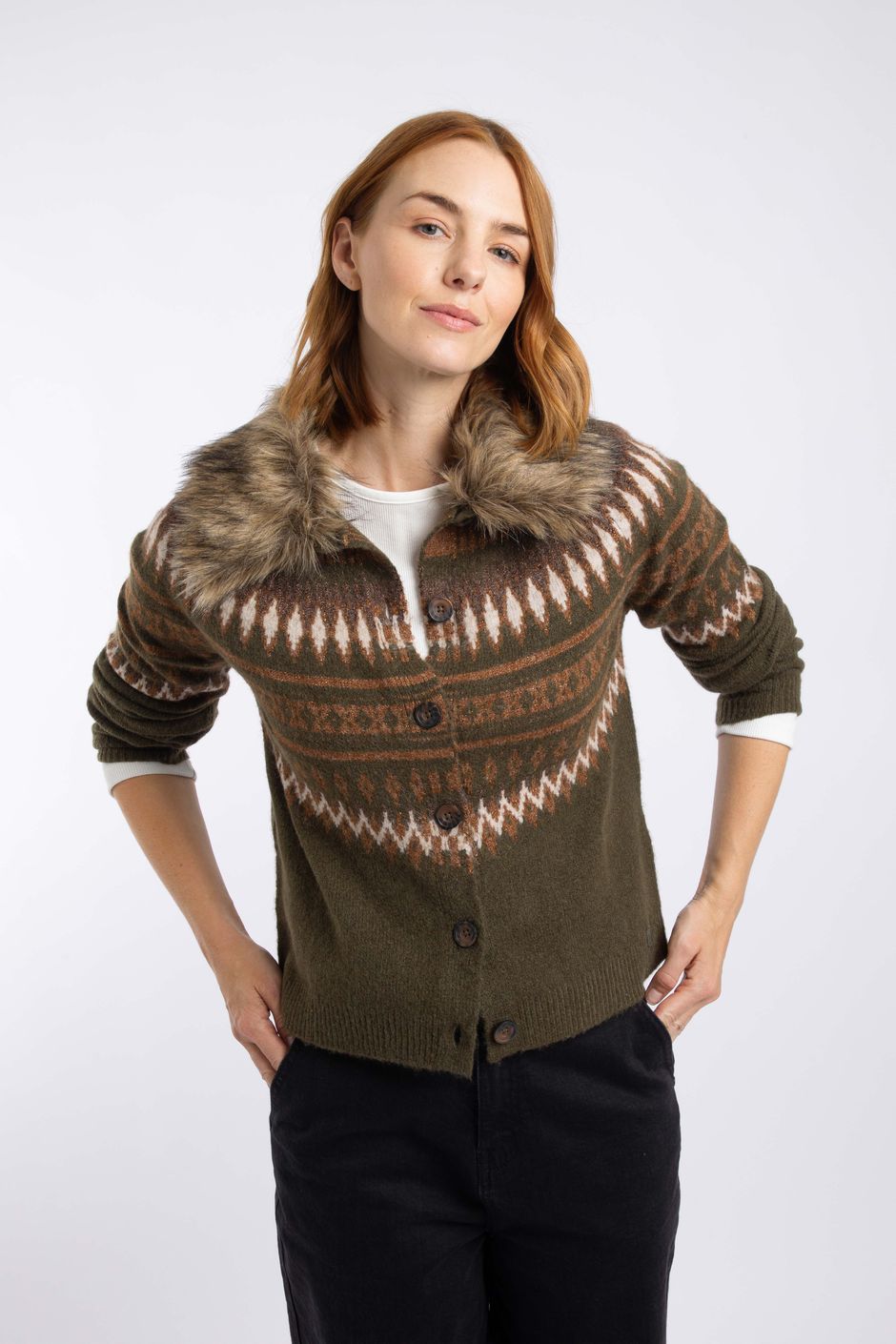 Jeanne Fair Isle Faux Fur Trim Cardigan Oak Green