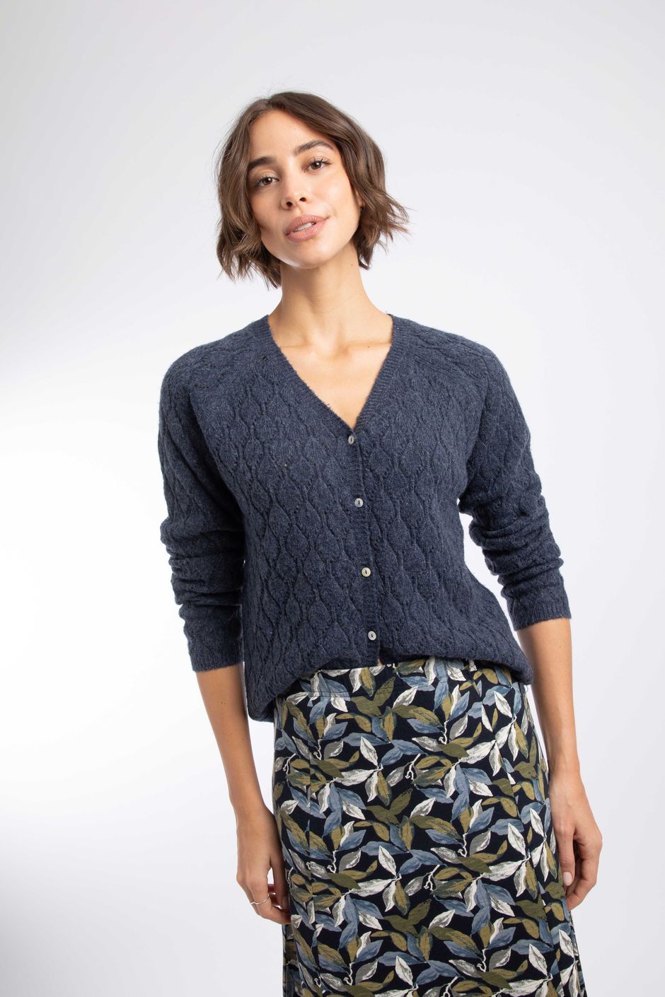 Posie Pointelle Knit Cardigan Navy