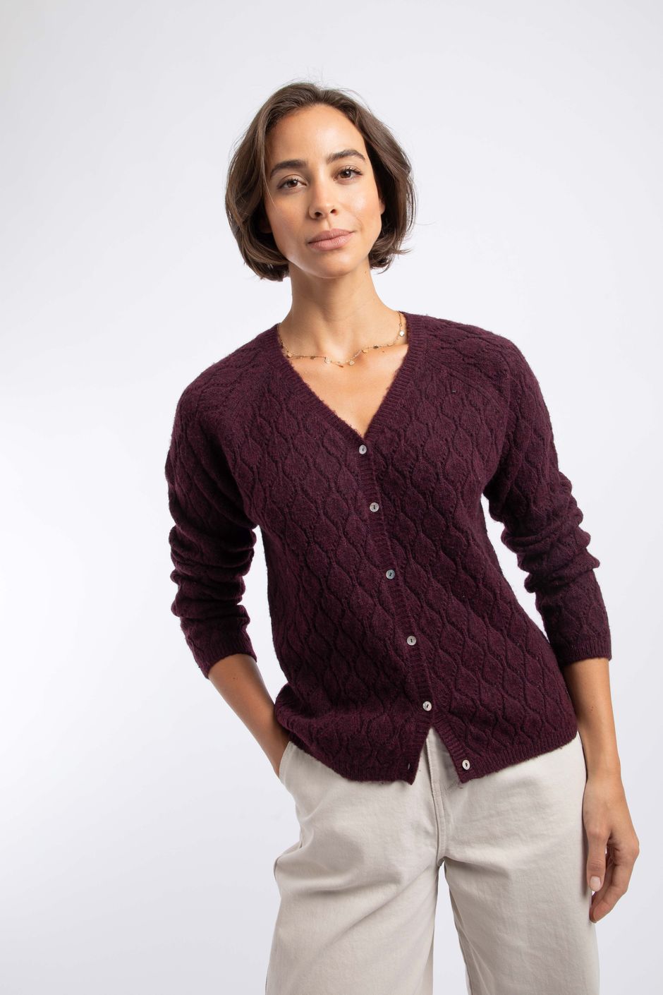 Posie Pointelle Knit Cardigan Pinot Wine