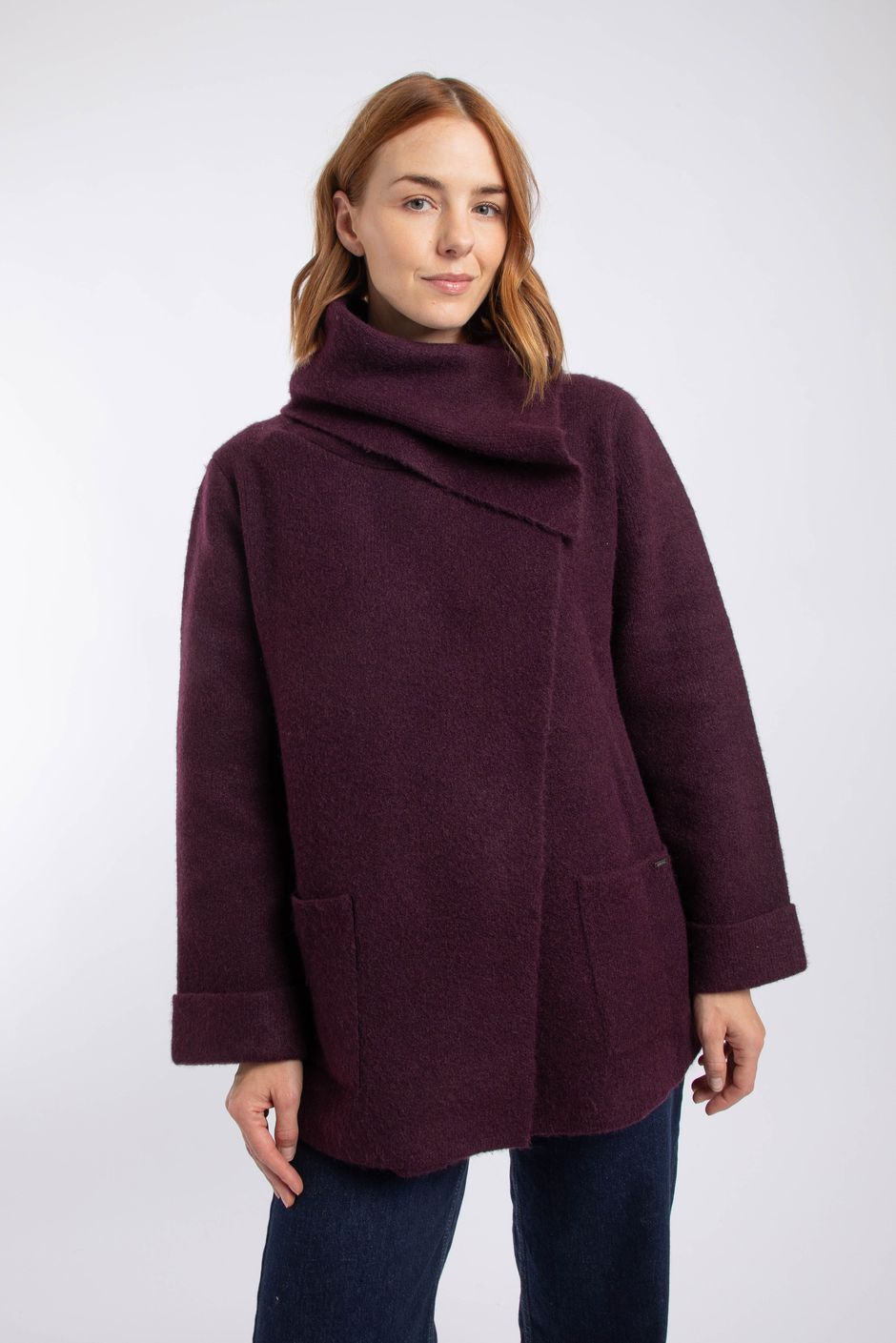 Sherpania Asymmetrical Button Neck Cardigan Pinot Wine