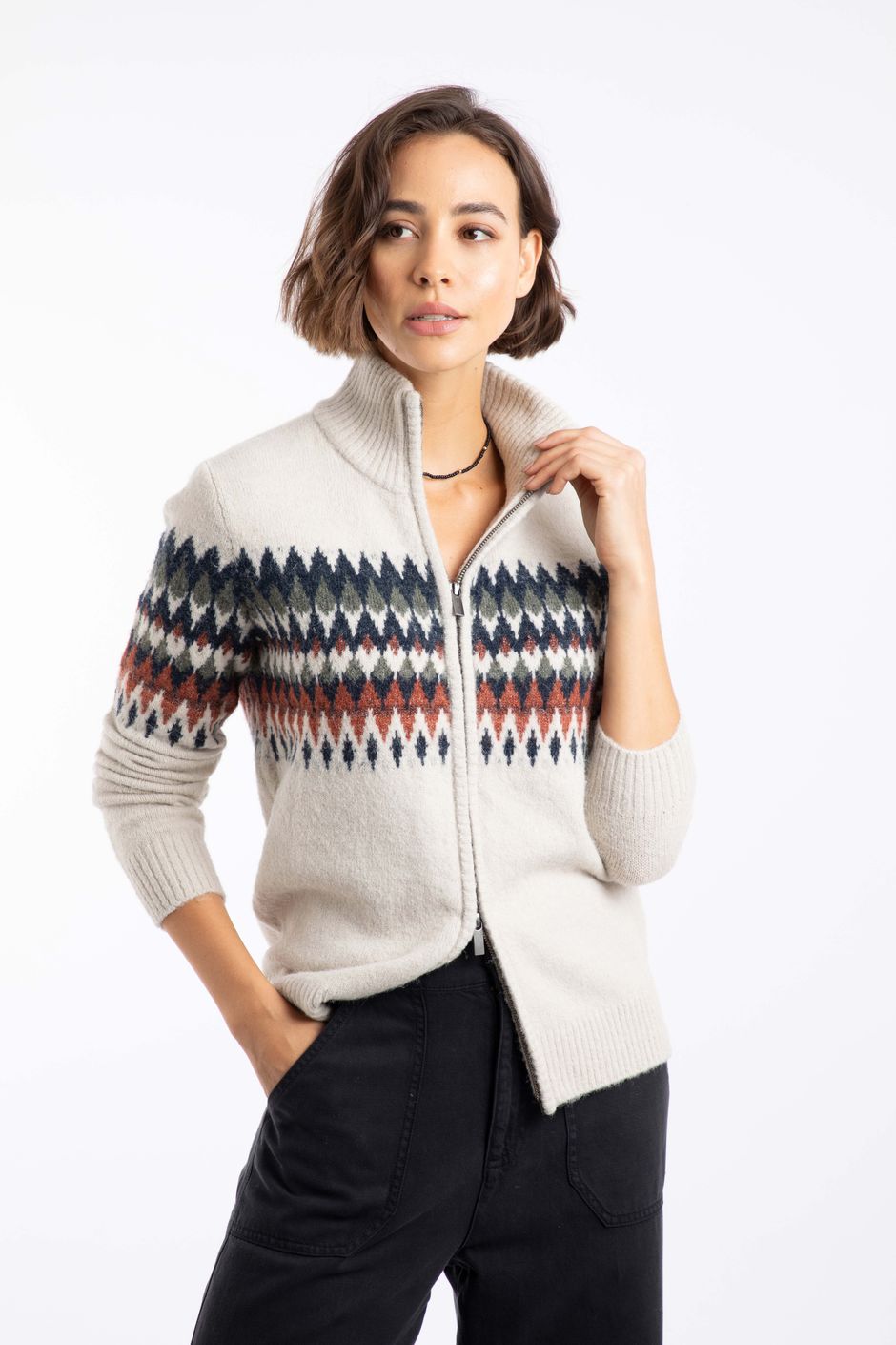 Lenka Fair Isle Sparkle Full Zip Knit Cardigan Chalk