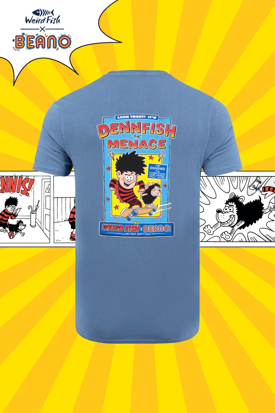 DennFish & Gnasher Beano Collaboration Back Print Artist T-Shirt Mid Blue