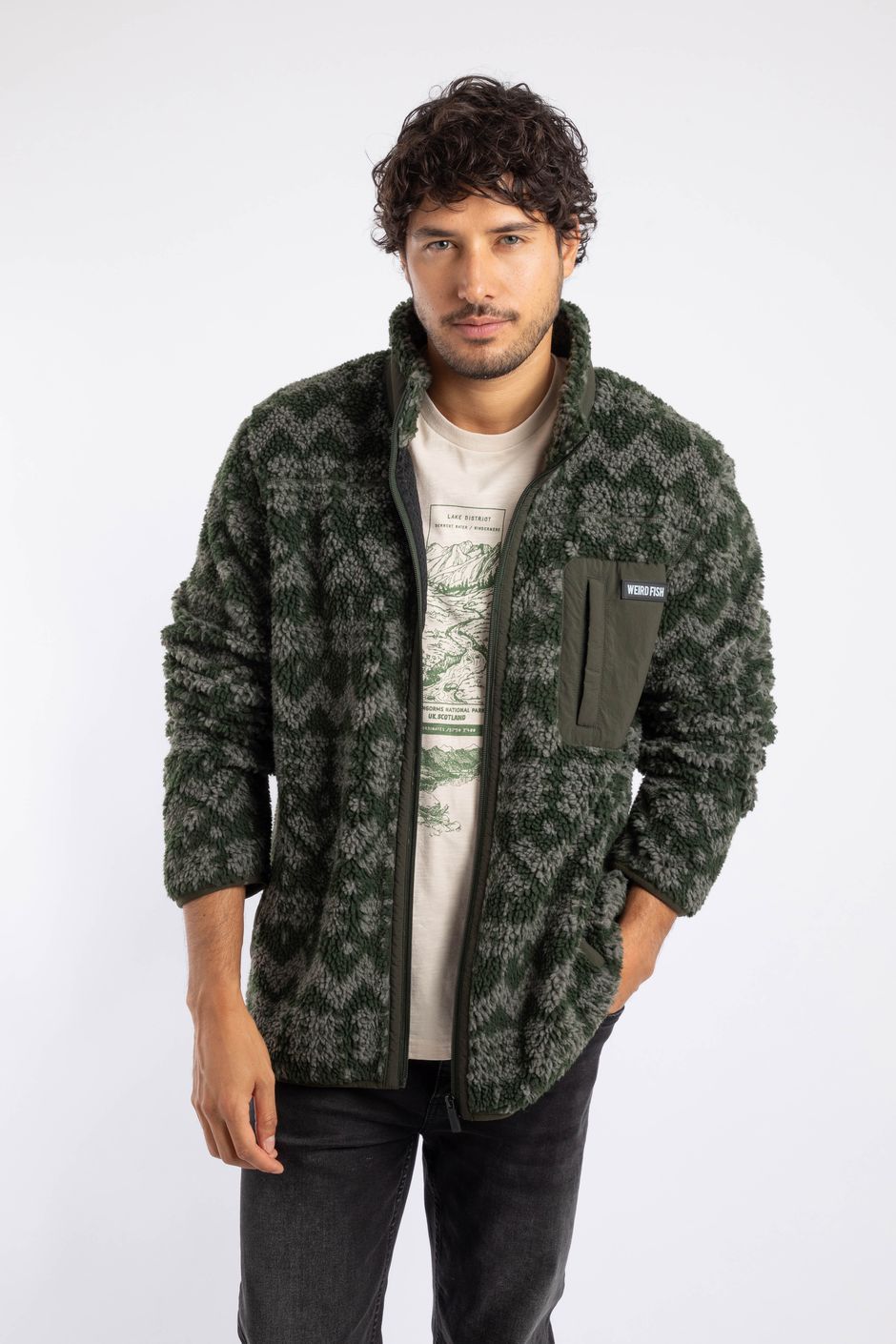 Lucian Full Zip Jacquard Borg Fleece Military Green