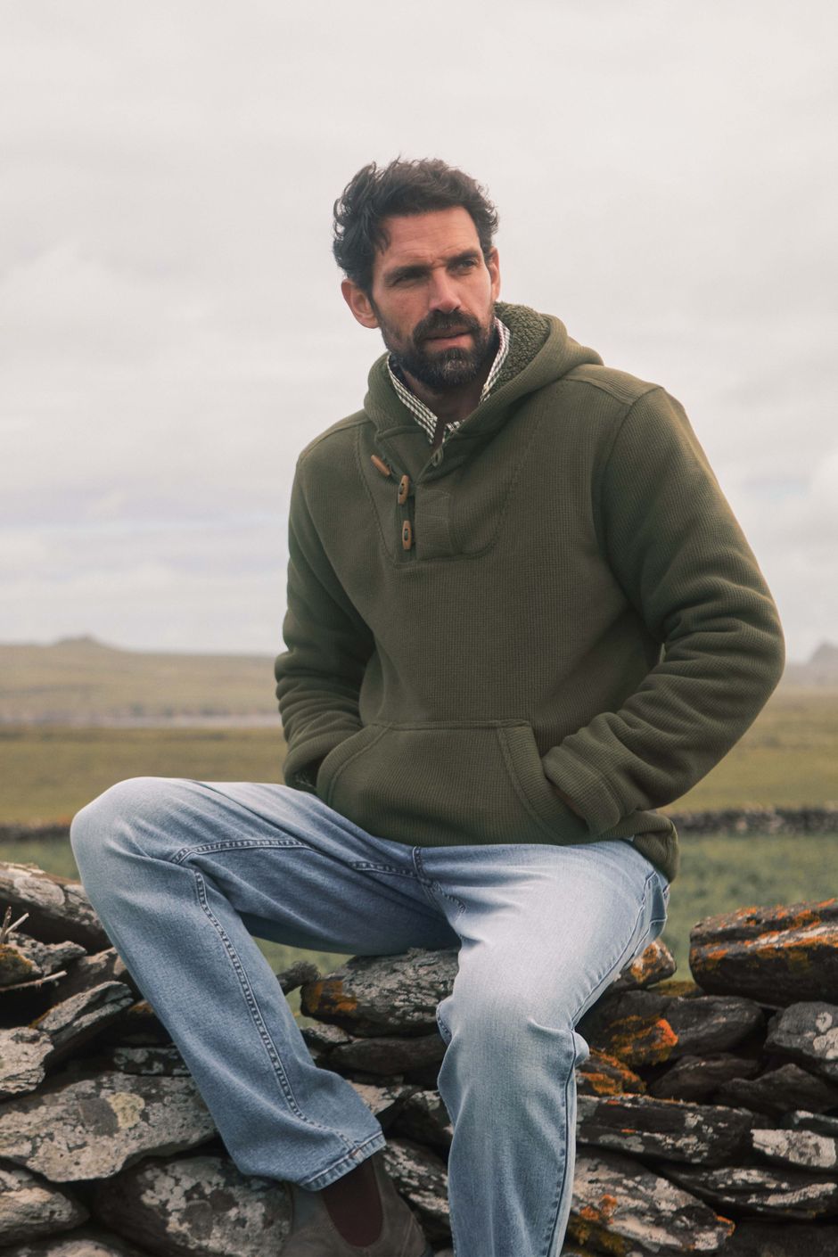 Inglewood Button Neck Grid Fleece Hoodie Fir Green