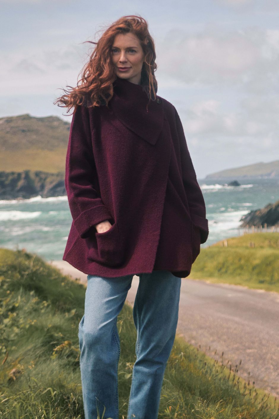 Sherpania Asymmetrical Button Neck Cardigan Pinot Wine