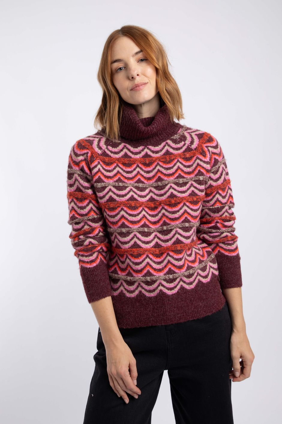 Dandi Patterned Roll Neck Jumper Deep Crimson