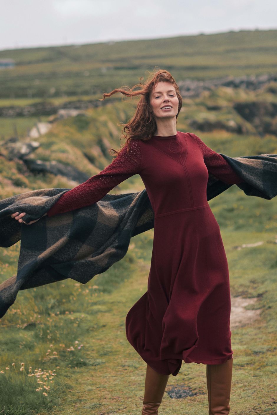 Serora Knitted Long Sleeve Midi Dress Port