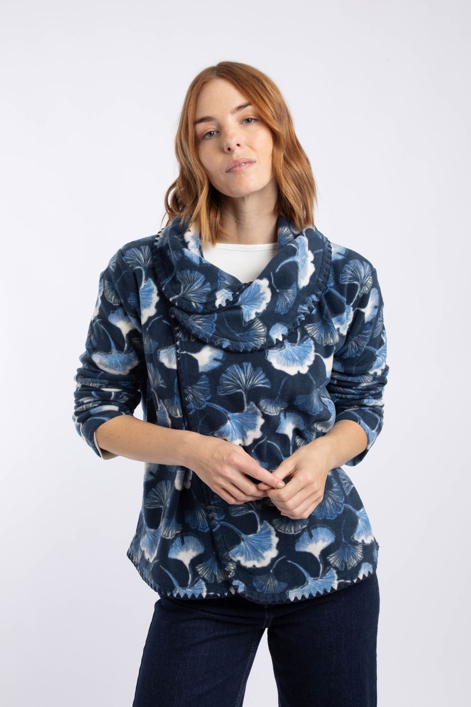 Farrah Printed Asymmetric Cardigan Fleece Blue Atoll