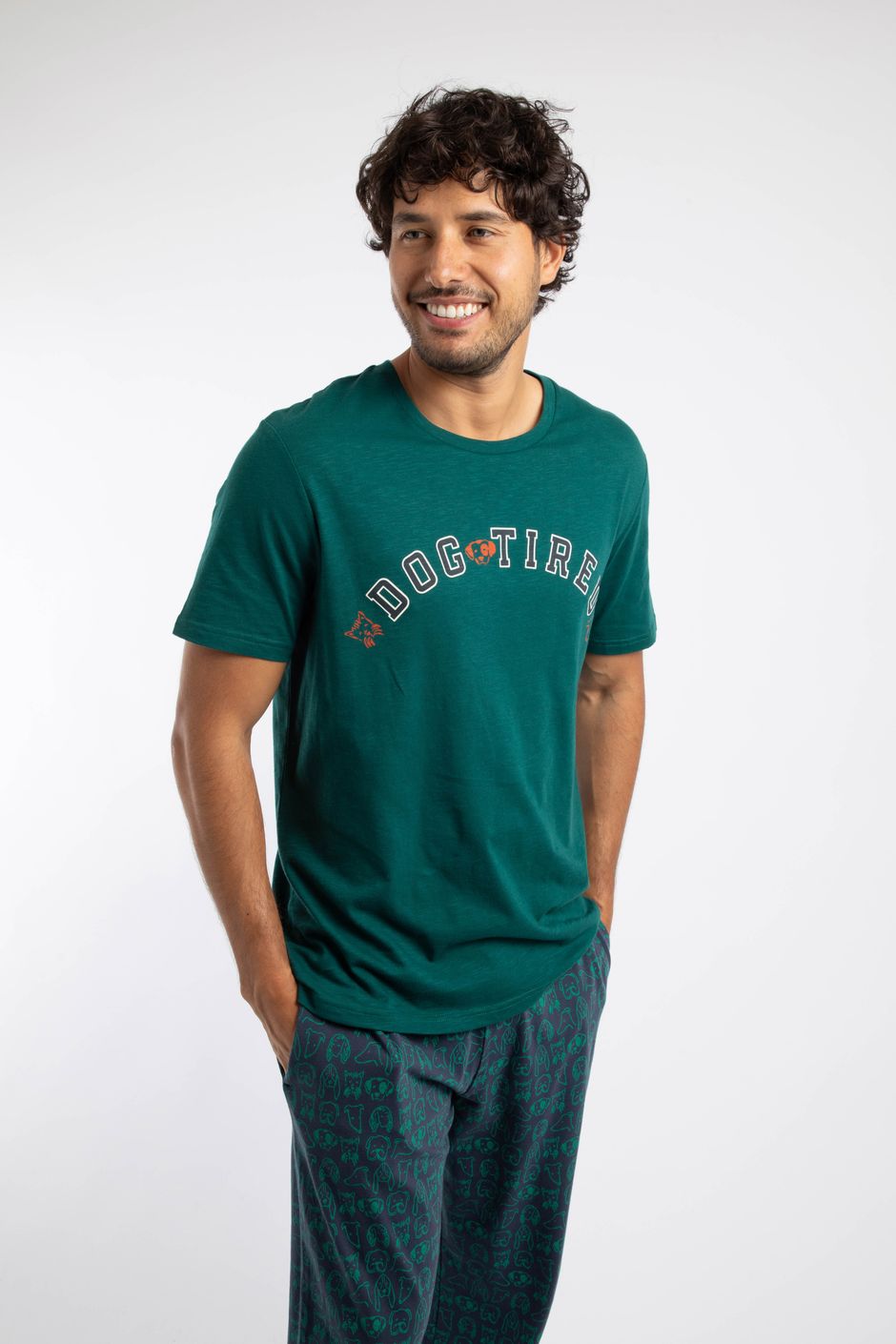 Dog Tired Front Print Graphic T-Shirt Deep Teal