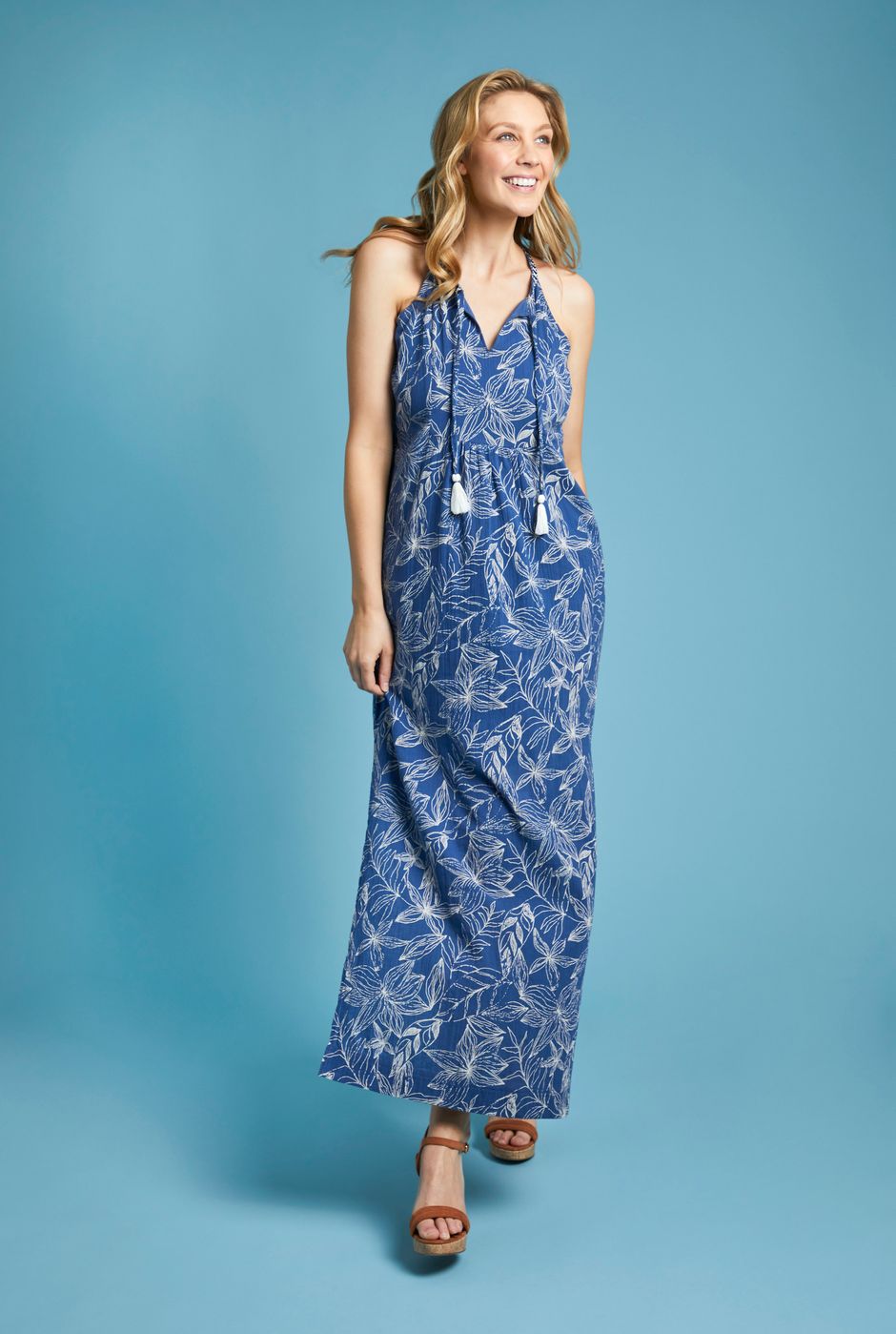 Parma Organic Cheesecloth Printed Maxi Dress Ensign Blue