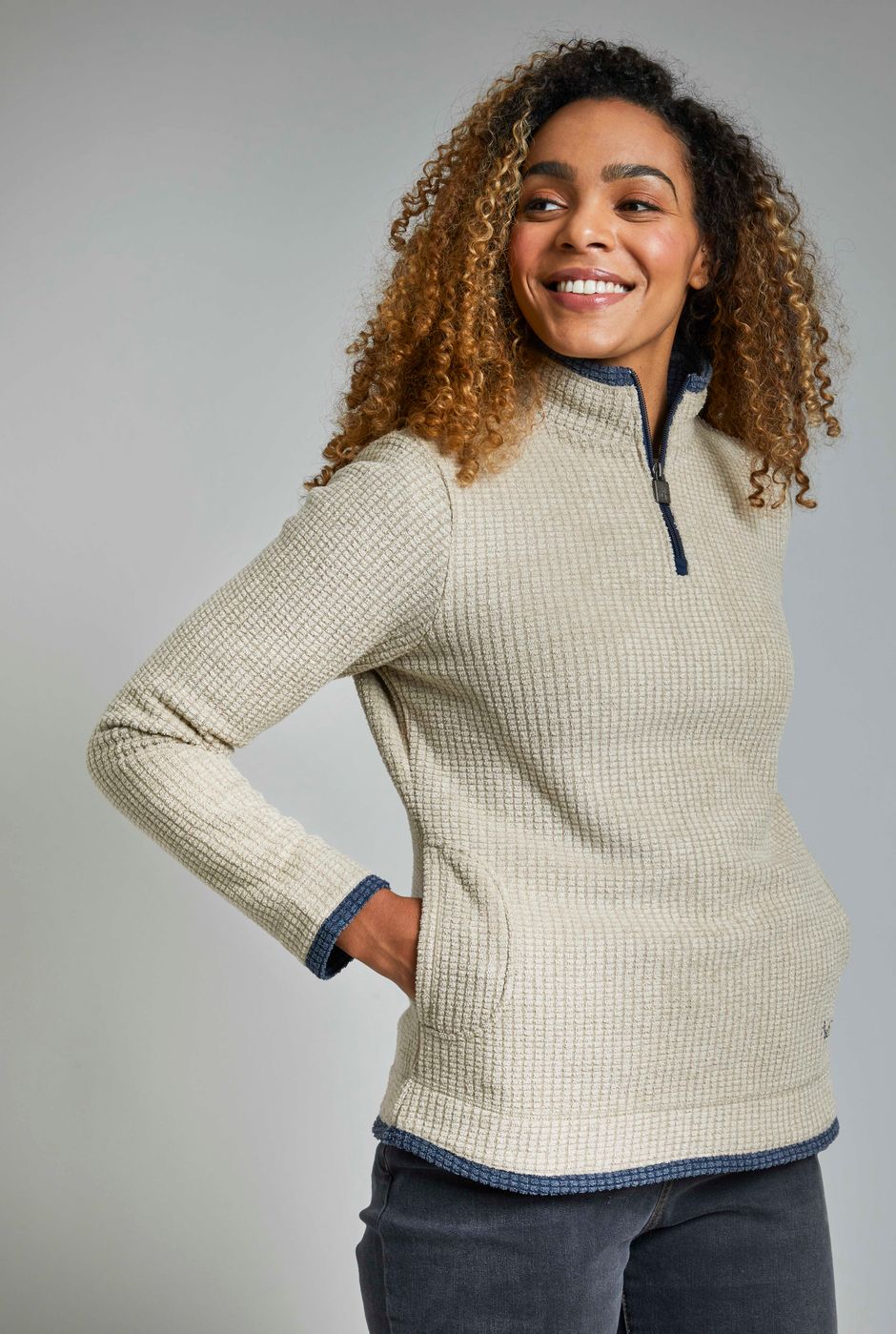 Beyonce 1/4 Zip Grid Fleece   Taupe Grey
