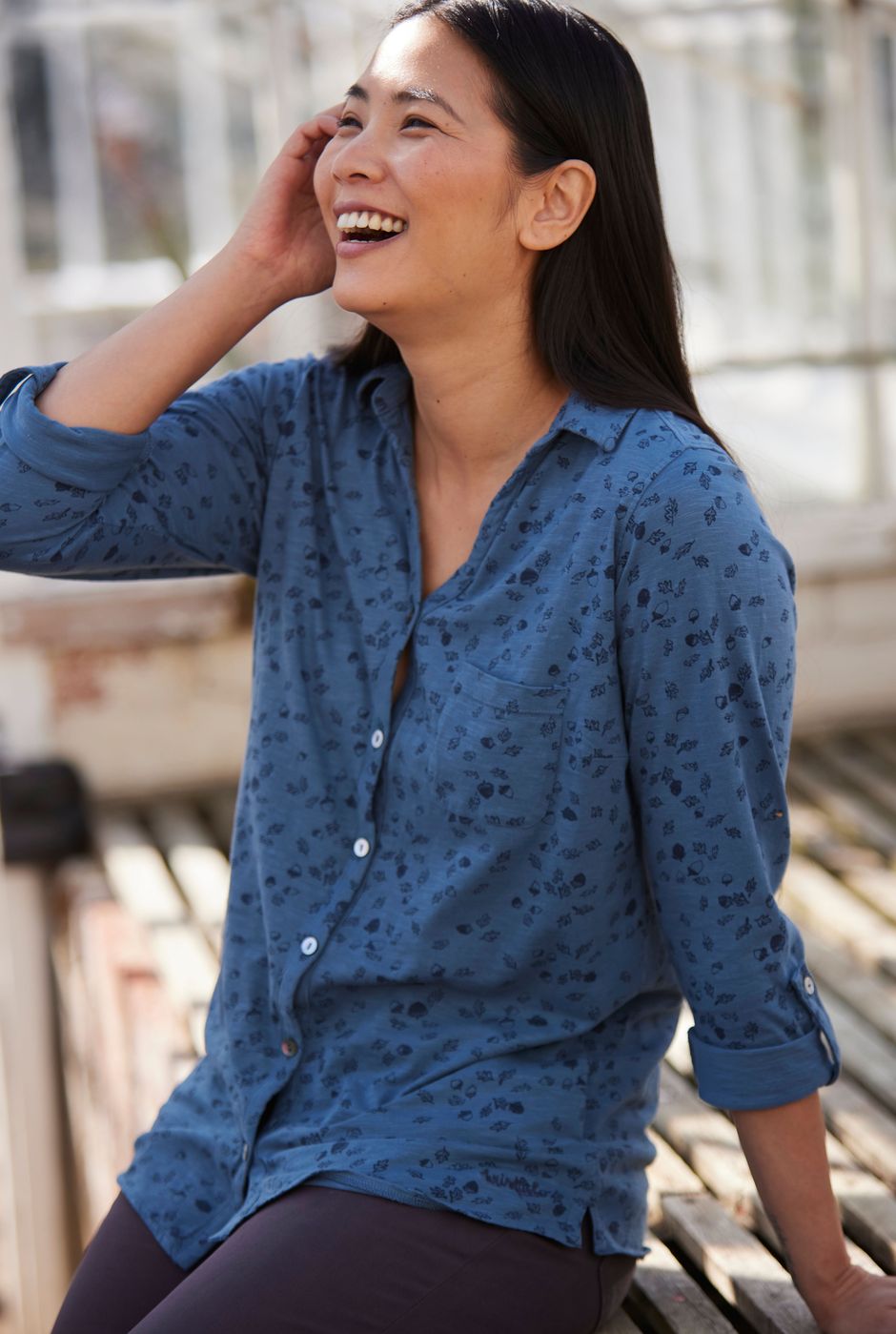 Nyssa Organic Cotton Garment Dyed Printed Jersey Shirt Blue Mirage
