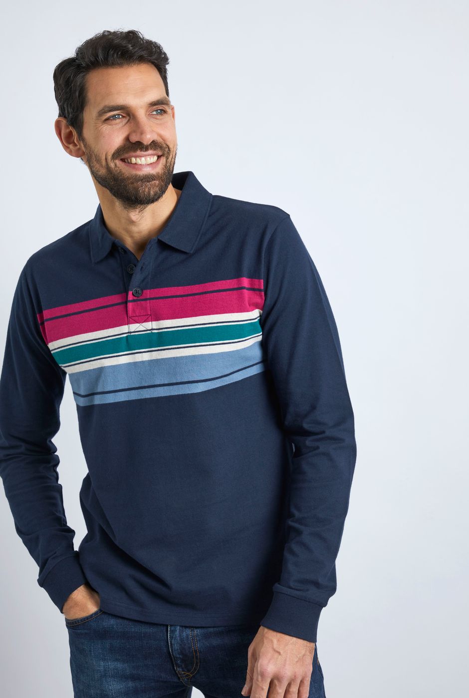 Jacinto Organic Cotton Striped Long Sleeve Polo Shirt Navy