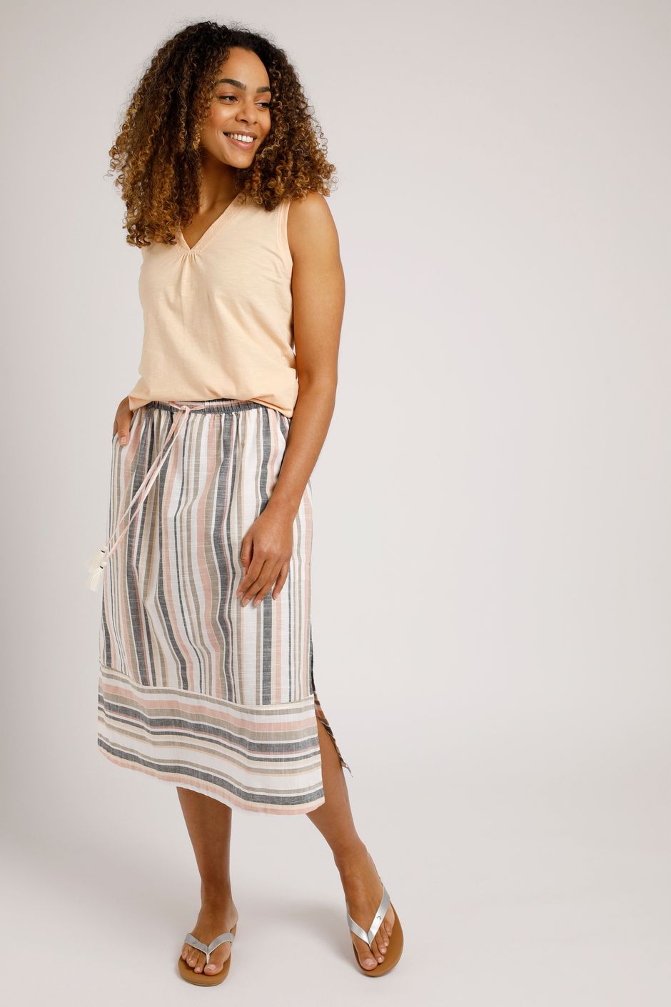 Samara Striped Organic Cotton Midi Skirt Ecru