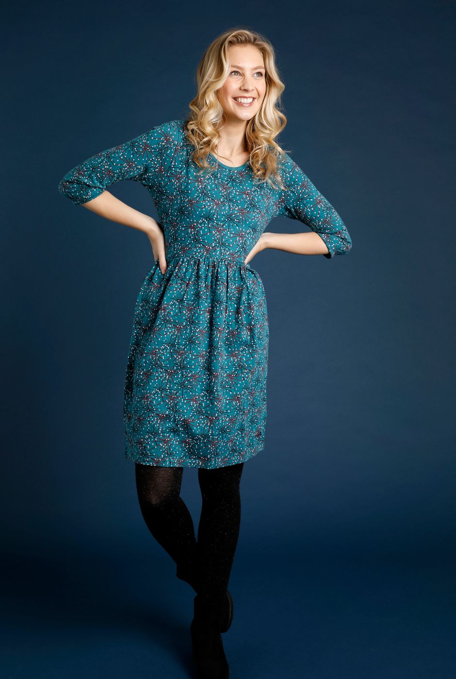 Ellas Organic Cotton Printed Slub Jersey Dress Deep Ocean